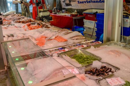 Amsterdam, Holland, August 2019.Bench of fish at a local market.のeditorial素材