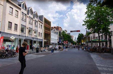 Antwerp, Flanders, Belgium. August 2019. Along the main shopping street, the meir, many people stroll around the city.のeditorial素材