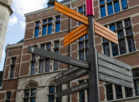 Antwerp, Flanders, Belgium. August 2019. Indicator signs of the main points of tourist interest: museums, squares and churches.のeditorial素材