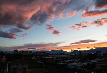 Turin,Piedmont,Italy. May 2020. In the northern suburbs of the city a breathtaking sunset with...