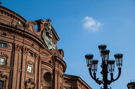 Turin, Piedmont, Italy. May 2020. Palazzo Carignano, in the square of the same name. An imposing Baroque palace, it has a red brick facade characterized by wavy shapes.のeditorial素材