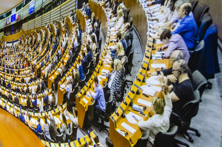 Brussels, Belgium, August 2019. In the path of view at the European Parliament, a gigantography illustrates the hemicil with the parliamentarians seated in their seats.のeditorial素材