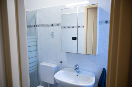 View of the interior of a bathroom from the entrance door. The yellow frame of the door is the frame: in evidence the mirror cabinet above the sink, on the left the toilet and the shower box.の写真素材