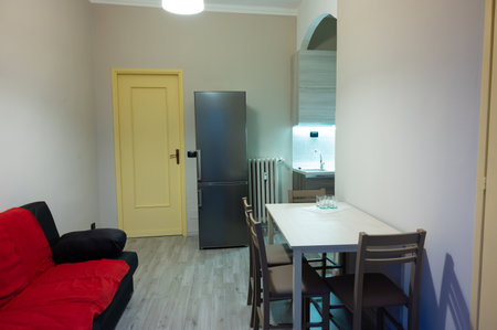 View of the interior of a small living room with kitchen of a two-room apartment. The kitchen led under-cabinet light attracts attention. Gray laminate wood flooring, matching the walls and kitchen.の写真素材