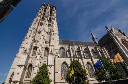 August 2019. The imposing cathedral features a 97-meter bell tower in Gothic style. Beautiful summer day with blue sky.のeditorial素材