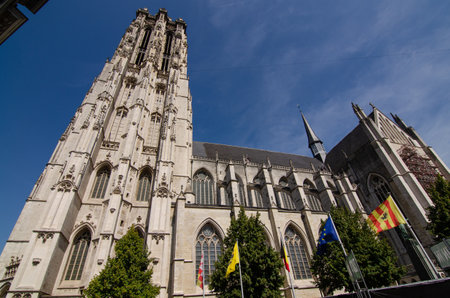 August 2019. The imposing cathedral features a 97-meter bell tower in Gothic style. Beautiful summer day with blue sky.のeditorial素材