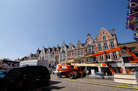August 2019. A stage is being set up in the historic center for the performances of artists in the...