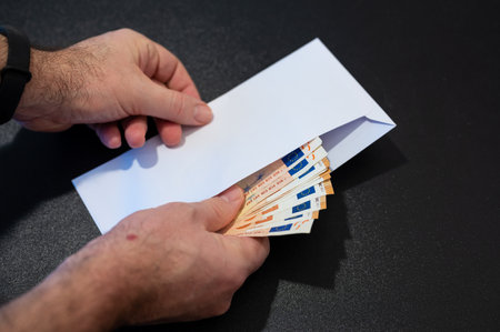 A white paycheck has been opened on a black table: the hands hold the 50 euro bills, arranging them in a fan shape. Salary conceptual image.の写真素材