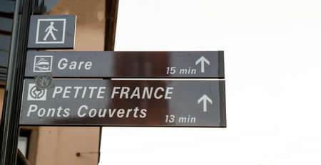 Strasbourg, France. August 2019. Tourist information signs for the historic center: Petite France. Beautiful summer day.のeditorial素材
