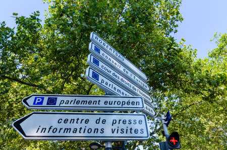 Strasbourg, France, August 2019. Information road signs for the European parliament, visitor center...