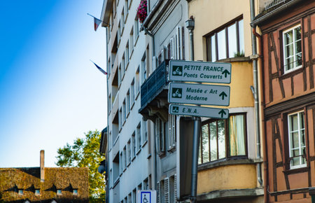 Strasbourg, France. August 2019. Tourist information signs for the historic center: Petite France. Beautiful summer day.のeditorial素材