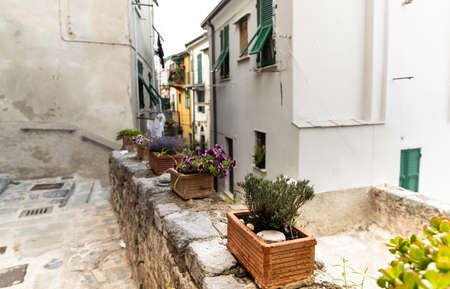 Porto Venere, Liguria, Italy. June 2020. Typical secondary alley in the heart of the town: they are called carruggio. Houses close together and pots with ornamental plants lend a distinctive charm.のeditorial素材
