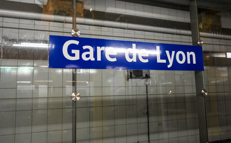 Paris, France, June 30, 2022. Shot at the Gare de Lyon metro station, the sign with a blue background with white writing.の写真素材