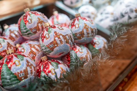 Salzburg, Austria, August 15 2022. A local handicraft product: decorated eggs to decorate on the occasion of the holidays. In the shop window they are displayed together with Christmas tree balls.の写真素材