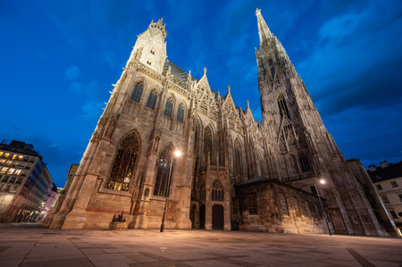 Vienna, Austria, August 18, 2022. Stunning night shot of St. Stephen's Cathedral. No people.の写真素材