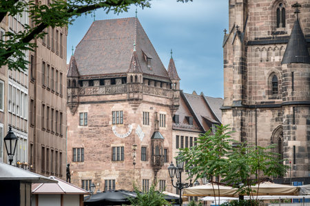 Nuremberg, Germany, August 2, 2023. Rainy day shot with street view of the old town. Travel destinations.の写真素材