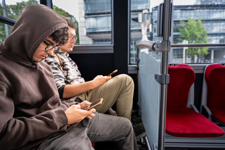 Two young people sitting on the bus talking using their cell phones. Concept of technology use by young people.の写真素材