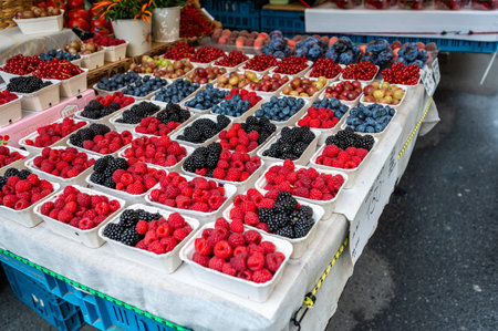 Prague, Czech Republic, August 5, 2023. A market stall selling berries: healthy and inviting looking raspberries, blackberries and blueberries are in evidence. Healthy and healthful food.の写真素材