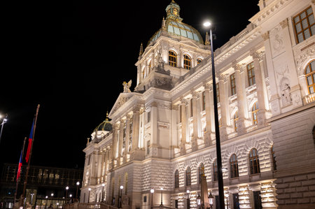 Prague, Czech Republic, August 4, 2023. Night shot with the imposing facade of the National Museum seen from three-quarters. Travel destinations.の写真素材
