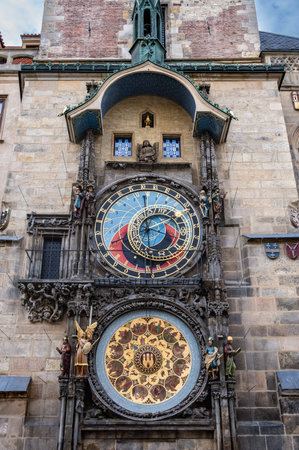 Prague, Czech Republic, August 7, 2023. The astronomical clock is one of the city's symbols. Close-up of the dials with gold details. Travel destinations.の写真素材