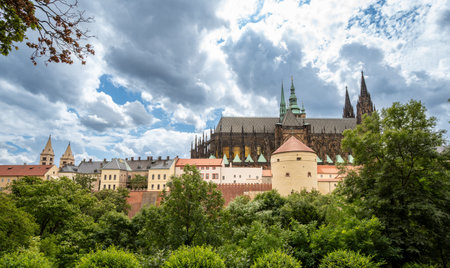 Prague, Czech Republic, August 8, 2023. View of Prague Castle and St. Vitus Cathedral on the hill....