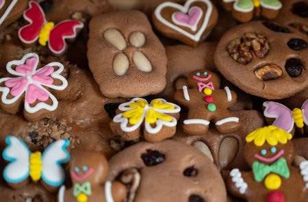 Prague, Czech Republic, August 9, 2023. In a pastry shop window, typical gingerbread cookies shaped like little men. Local food specialties.の写真素材