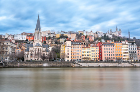 Lyon, france. December 29, 2023. Lyon cityscape with colorful hillside buildings, saint-george...