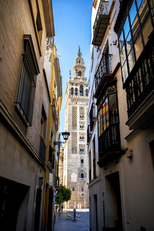 The Giralda, bell tower of the Cathedral of Seville in Seville, Andalusia, Spainの写真素材