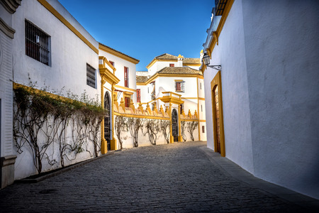 SEVILLE - SPAIN: Bullfight arena, plaza de toros at Sevilla.Seville Real Maestranza bullring plaza toros de Sevilla in Andalusia, Spainのeditorial素材