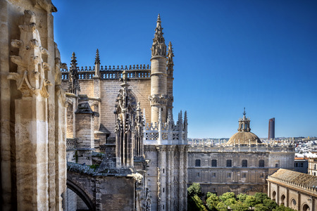 View of Seville city from the Giralda Cathedral tower, Seville (Sevilla), Andalusia, Southern Spain.のeditorial素材