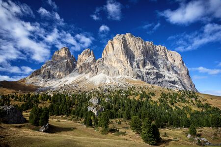 Sassolungo and Sassopiatto mountains from Sella pass, Dolomites Alps , Trentino Alto Adige South Tyrol, Italyの写真素材