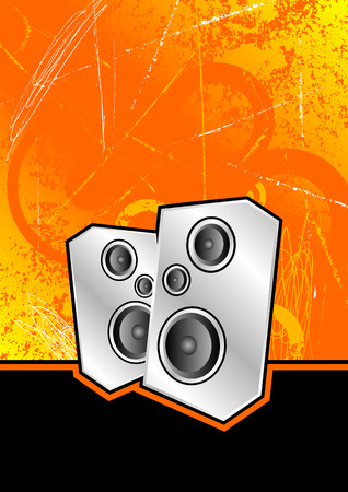 metallic silver speakers set against an orange scratched grunge backgroundのイラスト素材