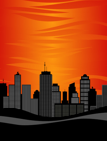 vector illustration of sun setting over highrise city skylineのイラスト素材