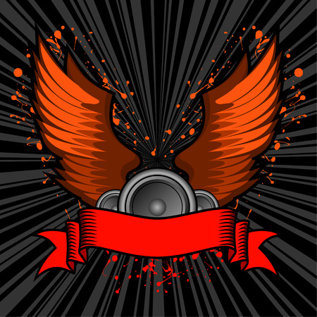 vector illustration of speakers and wings set behind a grunge text bannerのイラスト素材
