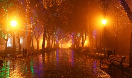 Night alley with lights in Odessa, Ukraineの写真素材