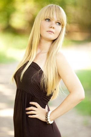 Blonde girl at outdoor.の写真素材