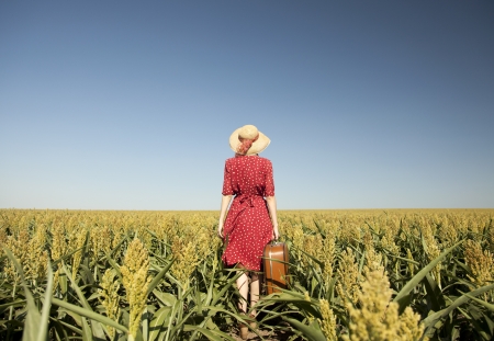Redhead girl with suitcase at corn field. Redhead girl with suitcase at corn field.