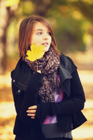 Beautiful girl at autumn park.の写真素材
