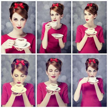 Photo collage - redhead girl with coffee cup. St. Valentine Day.の写真素材