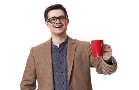 Man having cup of tea on white backgroundの写真素材
