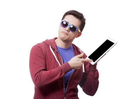 Smiling student in sunglasses with tablet