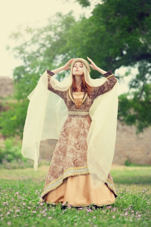 Medieval lady at outdoor.の写真素材