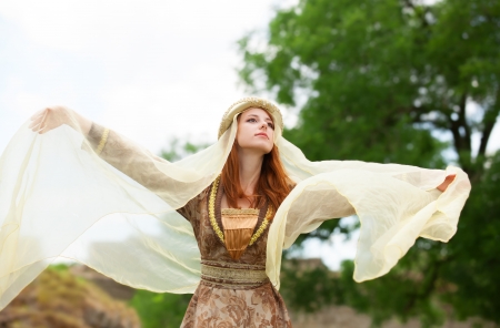 Medieval lady at outdoor.の写真素材