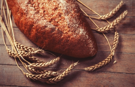 Delicious bread on a wood tableの写真素材
