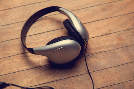 Headphones on a table.の写真素材