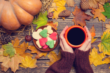 Female holding cup of coffee near cookies on autumn background.の写真素材