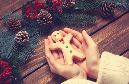 Female holding gingerbread man near pine branches.の写真素材