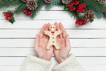 Female holding gingerbread man near pine branches.の写真素材