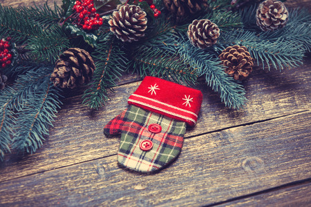 Mitten on a table near pinecones and branches