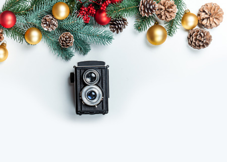 Vintage camera and branch with toys on white background.の写真素材